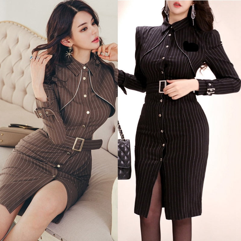 Autumn Striped Single Breasted Sashes Slim Bodycon Pencil Dresses