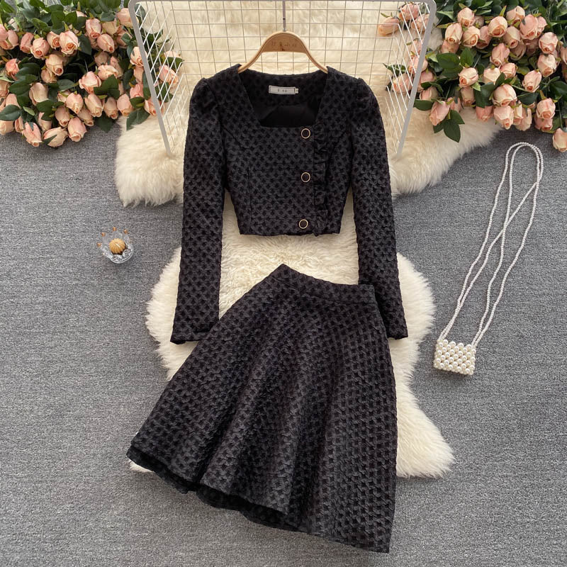 Slim Fit Square Collar Long Sleeve Coat Top & High Waist A- Line Skirt