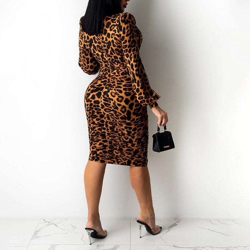 Autumn  Casual Long Sleeve Deep V Neck Leopard Print Midi Dress