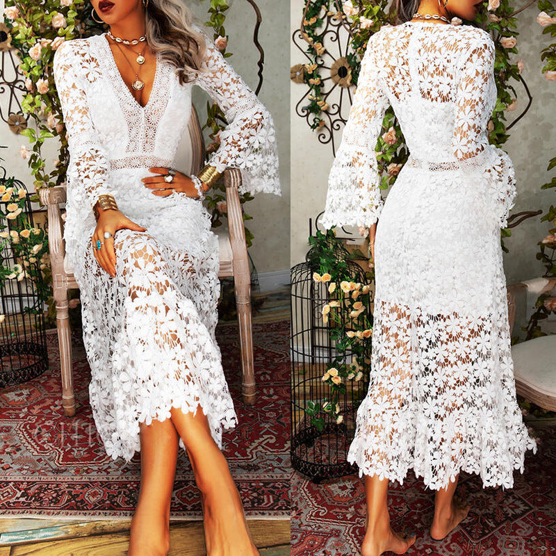 Vintage Sexy Hollow Out Lace V Neck Long-sleeved  Dress