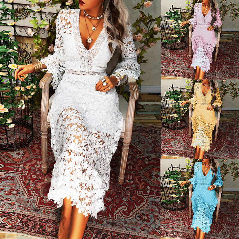 Vintage Sexy Hollow Out Lace V Neck Long-sleeved  Dress