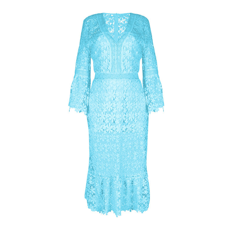 Vintage Sexy Hollow Out Lace V Neck Long-sleeved  Dress