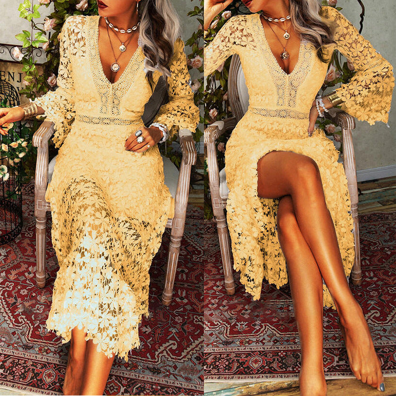 Vintage Sexy Hollow Out Lace V Neck Long-sleeved  Dress