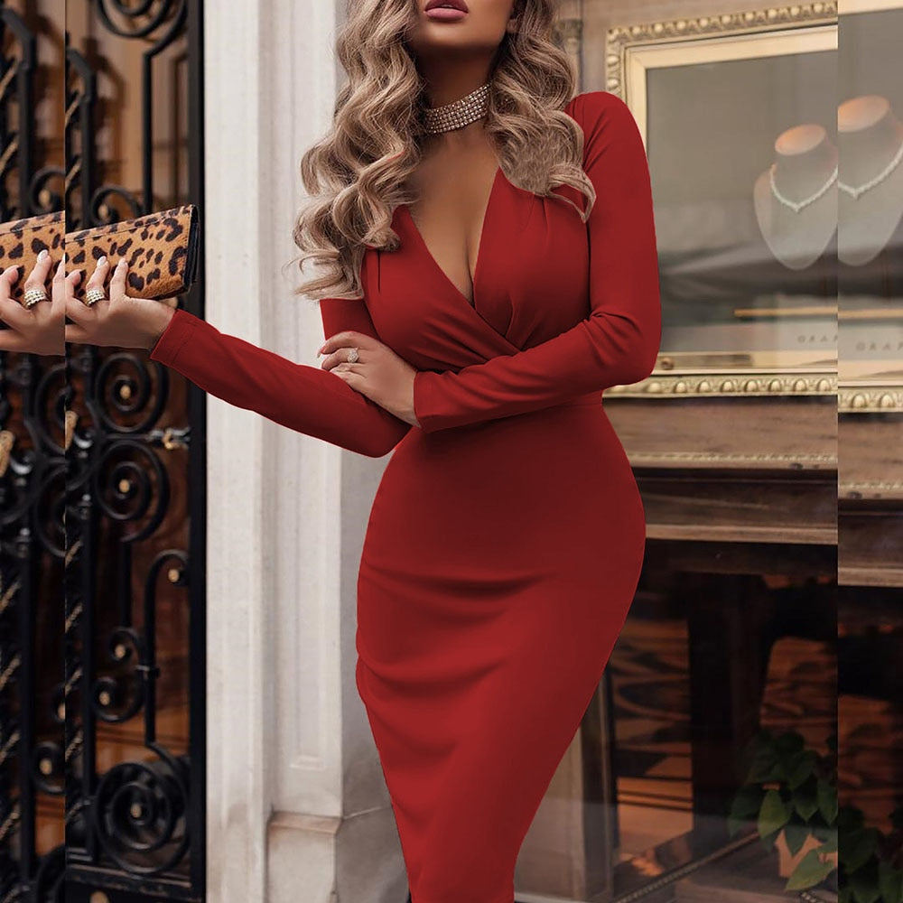 Spring And Autumn Casual Solid Color Deep V-neck Long-sleeved Dress