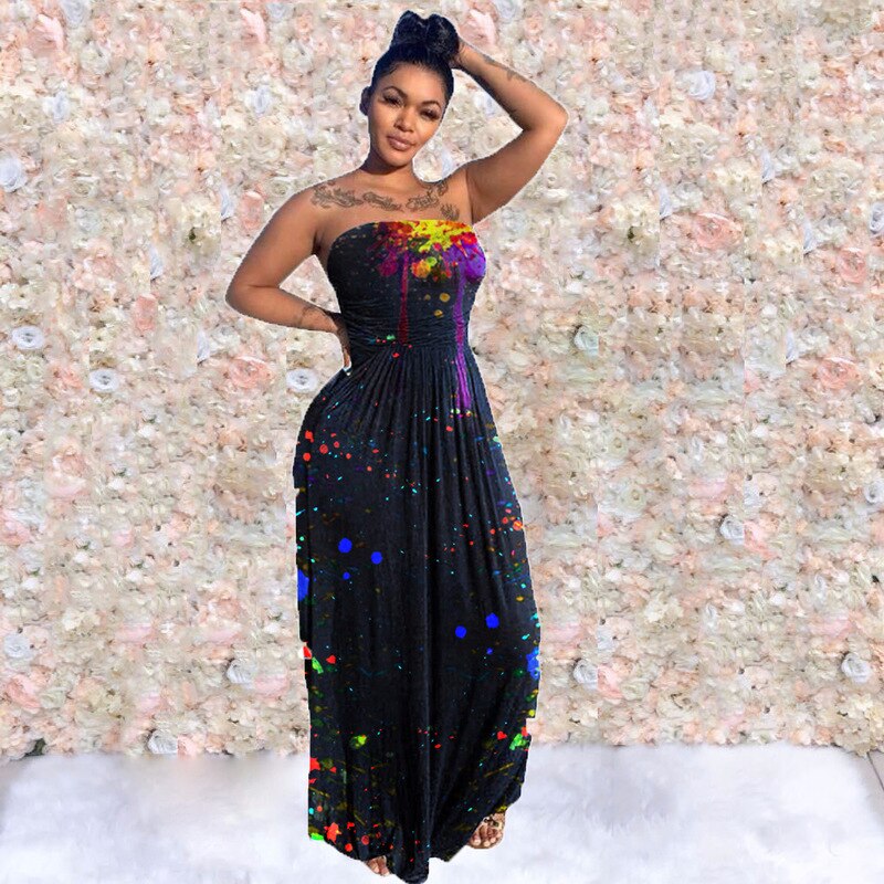 High Waist Backless Strapless Splash Ink Print Long Dress