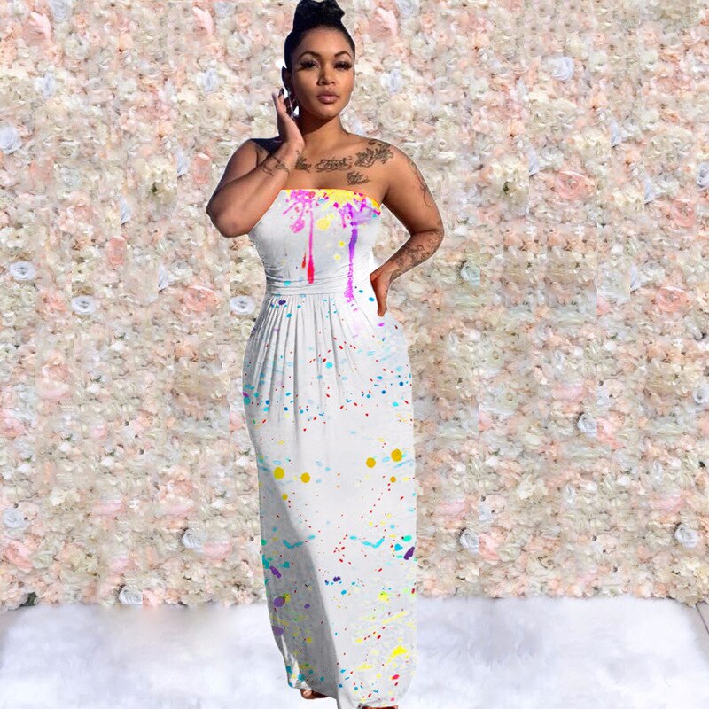 High Waist Backless Strapless Splash Ink Print Long Dress