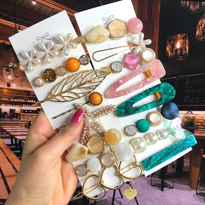 Pearl Crystal Acrylic Hair Clips Sets