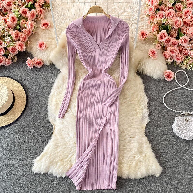 V-neck Short-sleeved or Long sleeved Knit Bodycon Dress