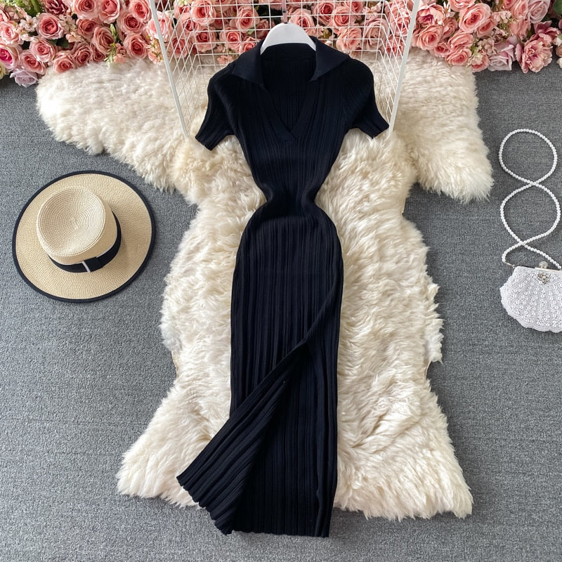 V-neck Short-sleeved or Long sleeved Knit Bodycon Dress