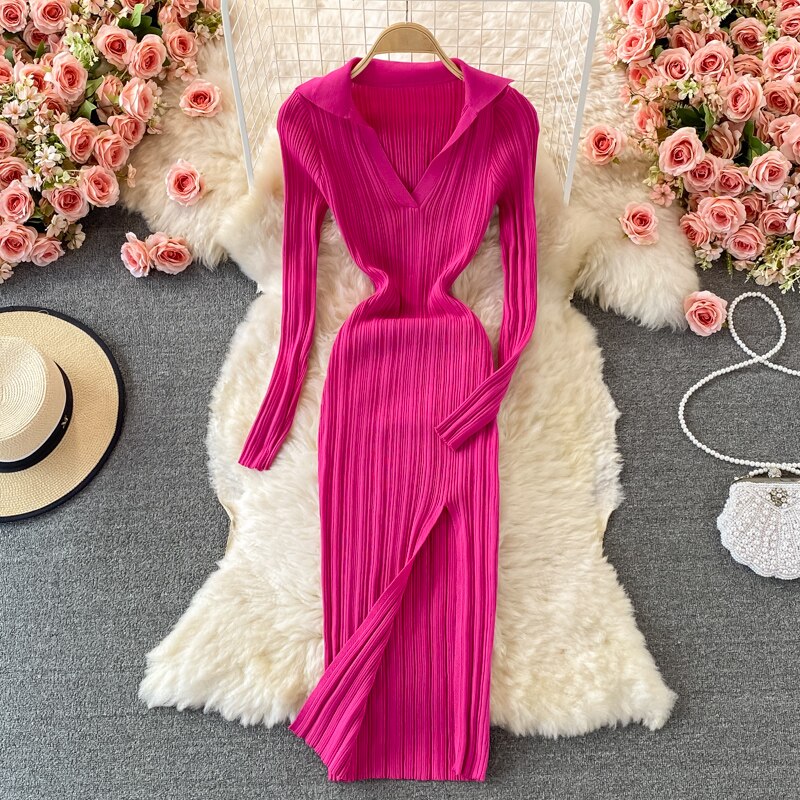 V-neck Short-sleeved or Long sleeved Knit Bodycon Dress