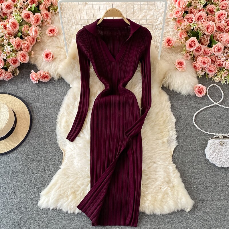 V-neck Short-sleeved or Long sleeved Knit Bodycon Dress