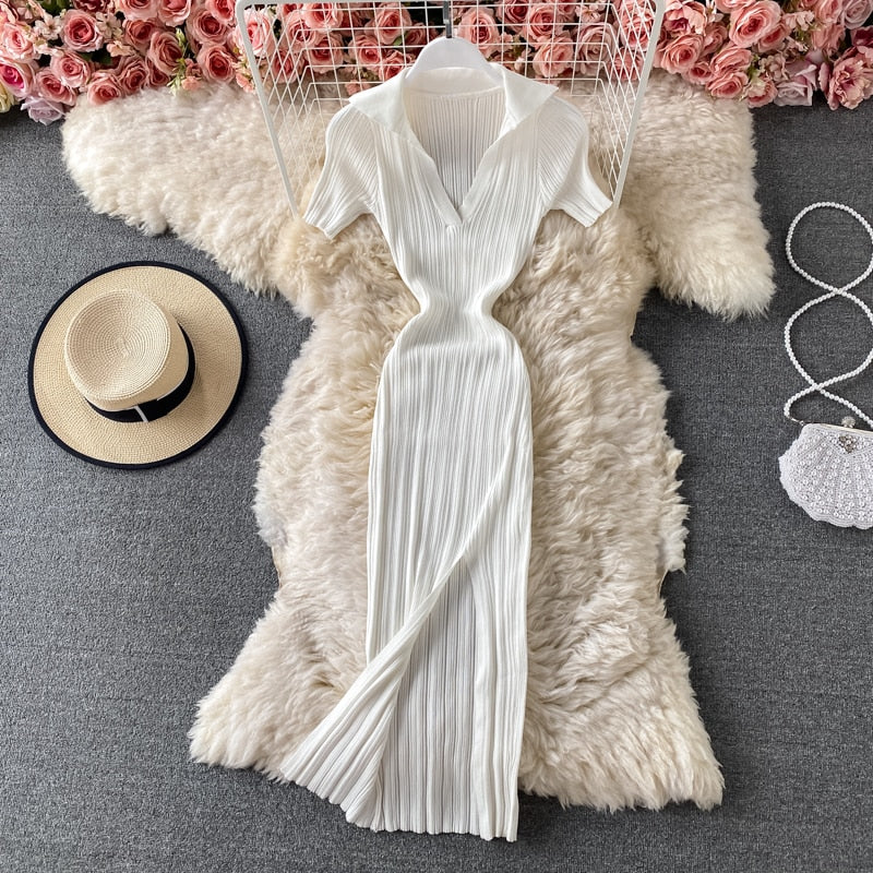 V-neck Short-sleeved or Long sleeved Knit Bodycon Dress