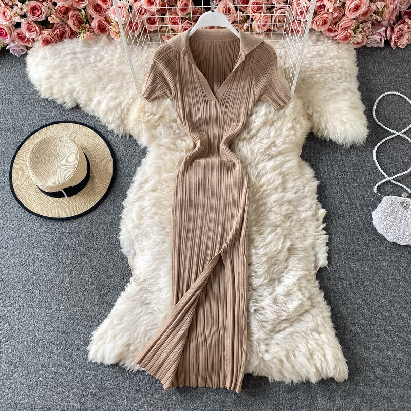 V-neck Short-sleeved or Long sleeved Knit Bodycon Dress