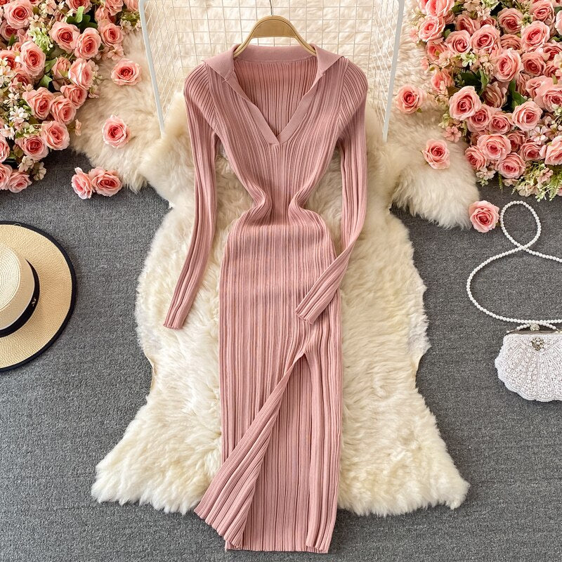 V-neck Short-sleeved or Long sleeved Knit Bodycon Dress