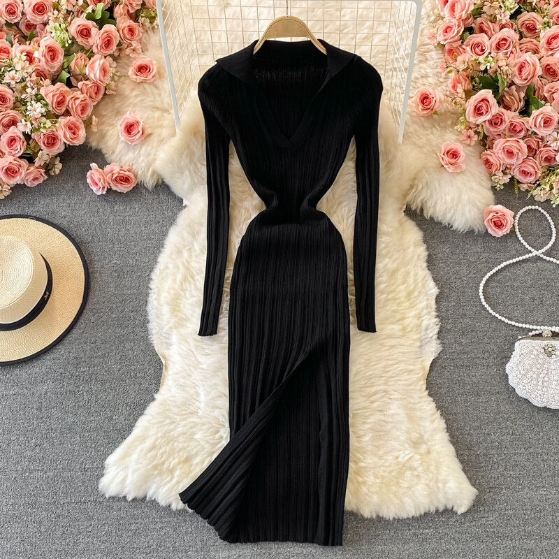 V-neck Short-sleeved or Long sleeved Knit Bodycon Dress
