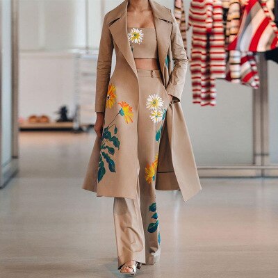 Printed Long Coat+Tank Top+High Waist Pants Women's Office Suit