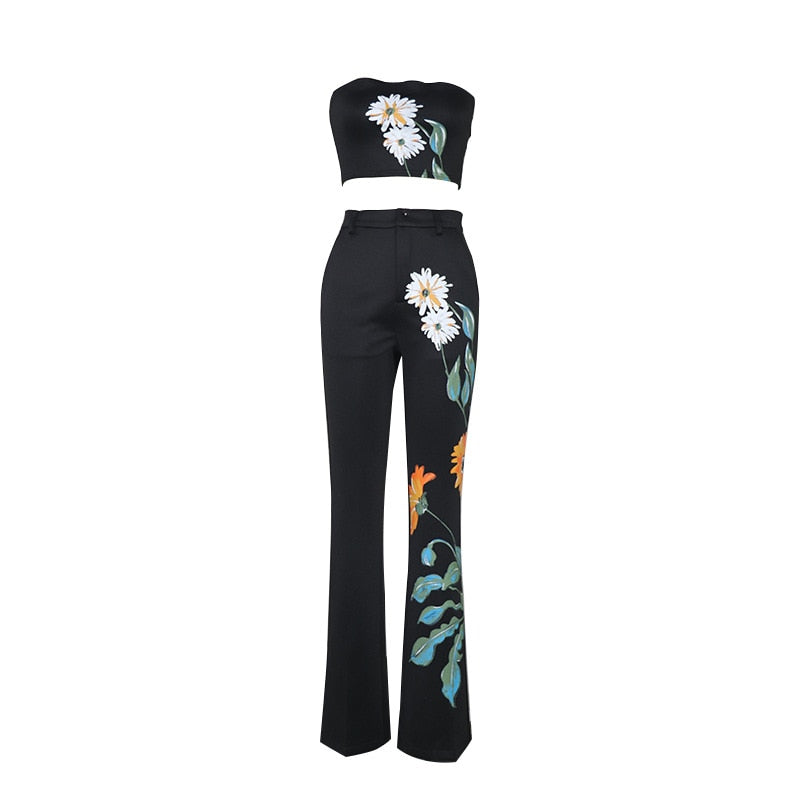 Printed Long Coat+Tank Top+High Waist Pants Women's Office Suit