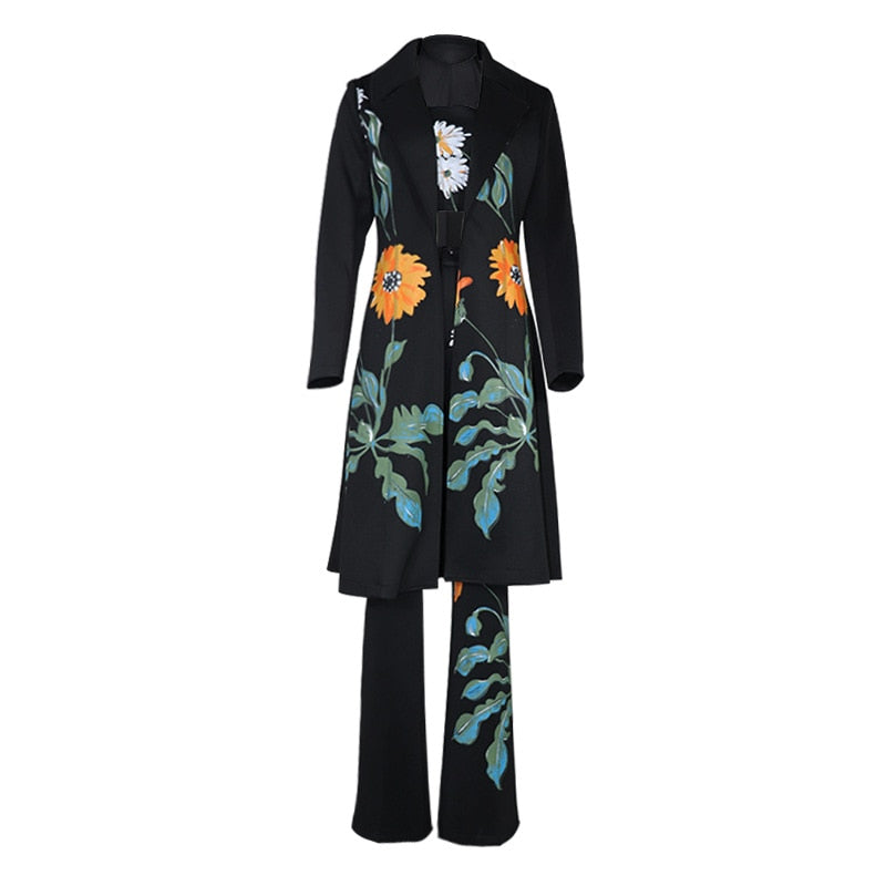 Printed Long Coat+Tank Top+High Waist Pants Women's Office Suit