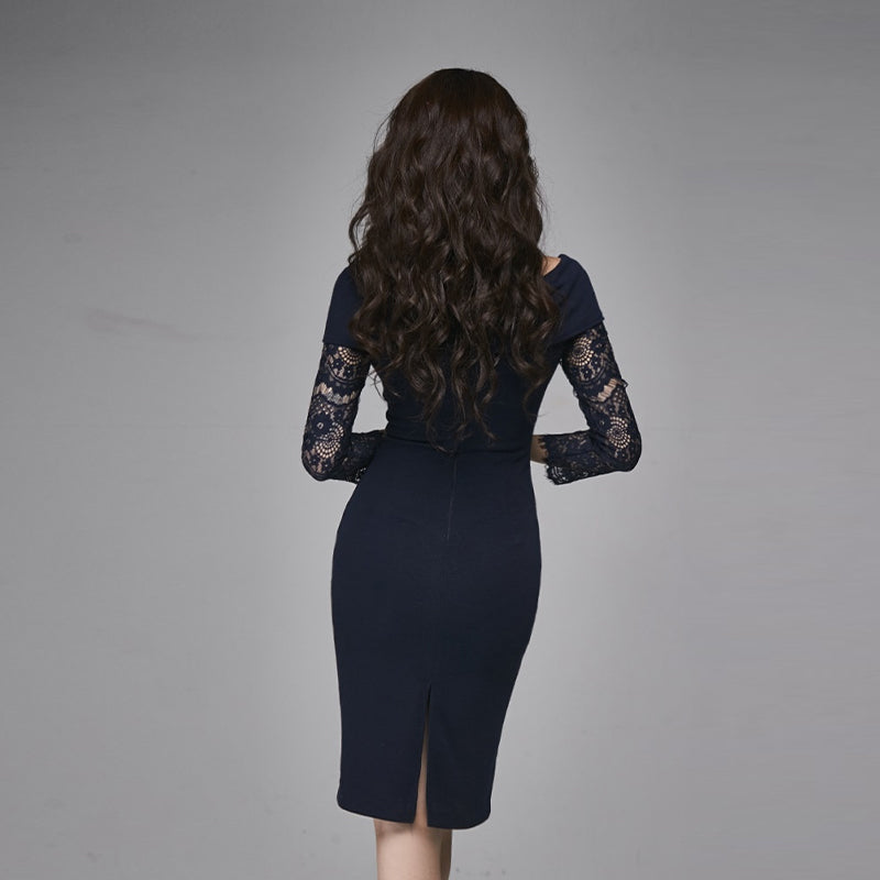 Elegant Blue Lace Long Sleeve Sexy V-neck Slim Pencil Dress