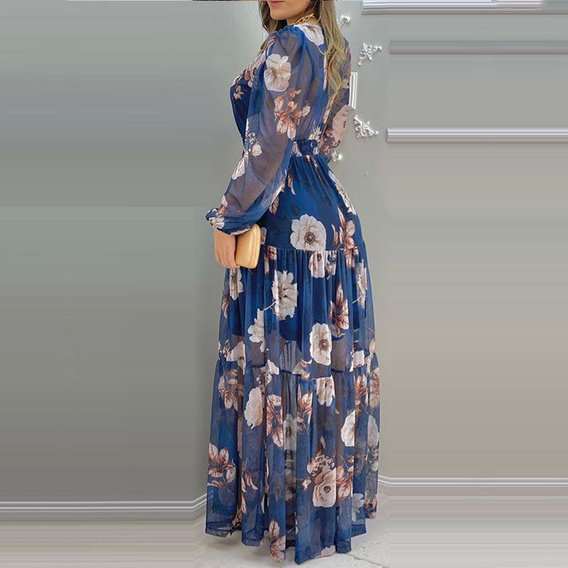 Floral Print sexy V-Neck Chiffon Maxi Dress