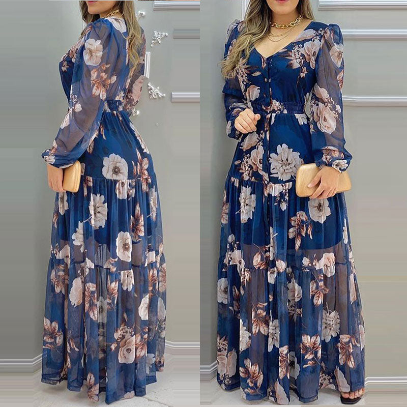 Floral Print sexy V-Neck Chiffon Maxi Dress