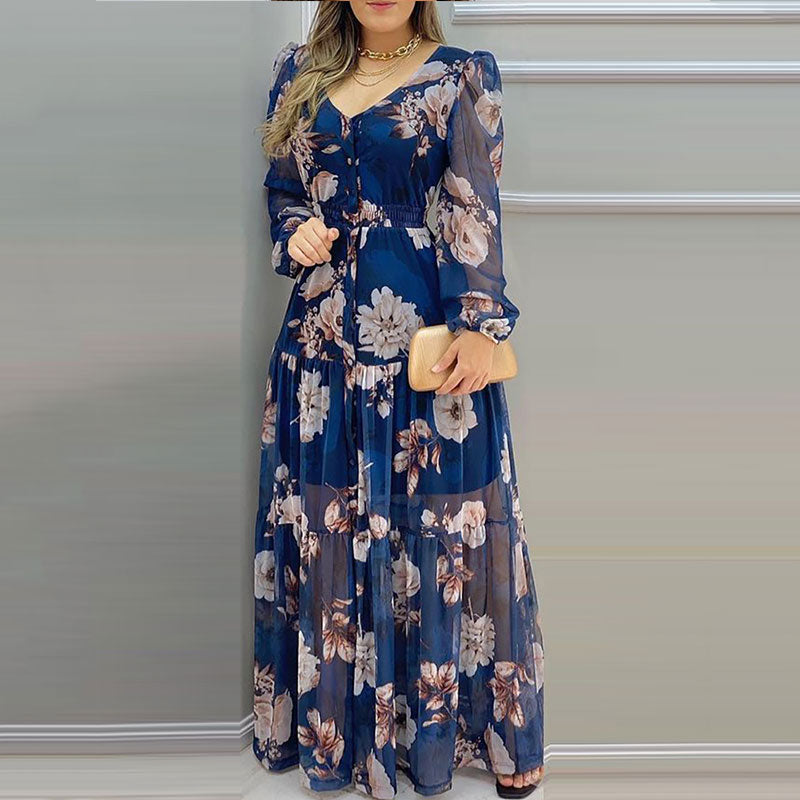 Floral Print sexy V-Neck Chiffon Maxi Dress