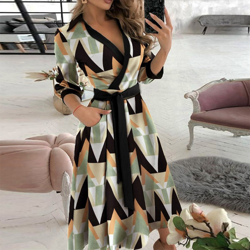 Deep V Neck  Spring Solid Belted  A-Line Dress