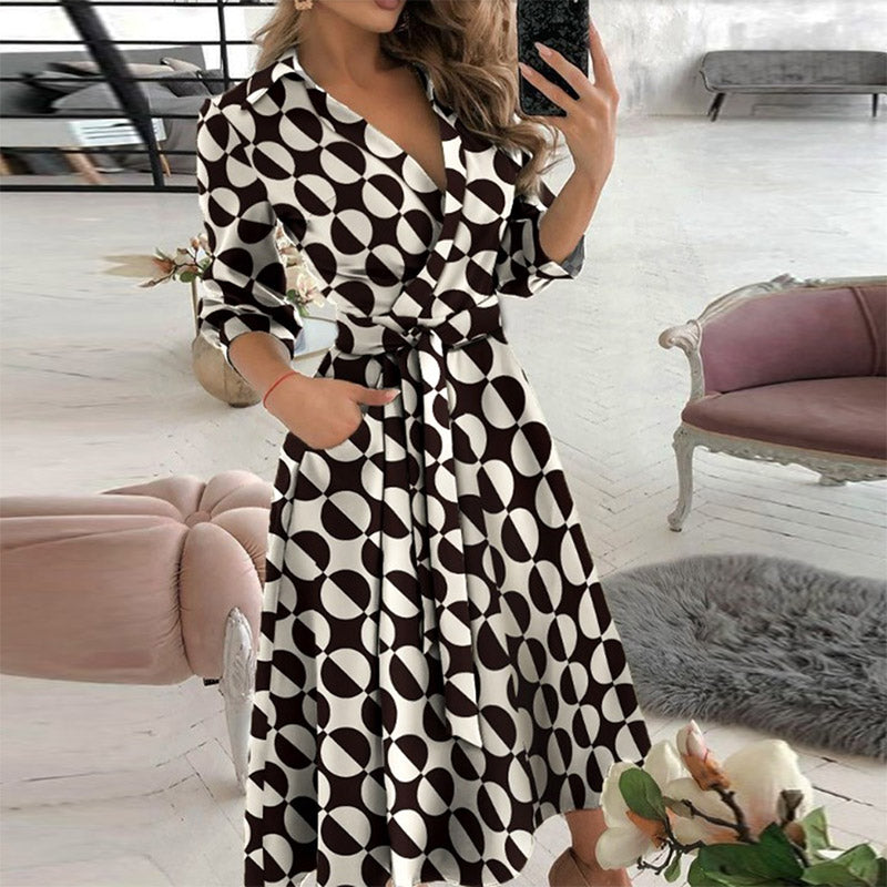 Deep V Neck  Spring Solid Belted  A-Line Dress