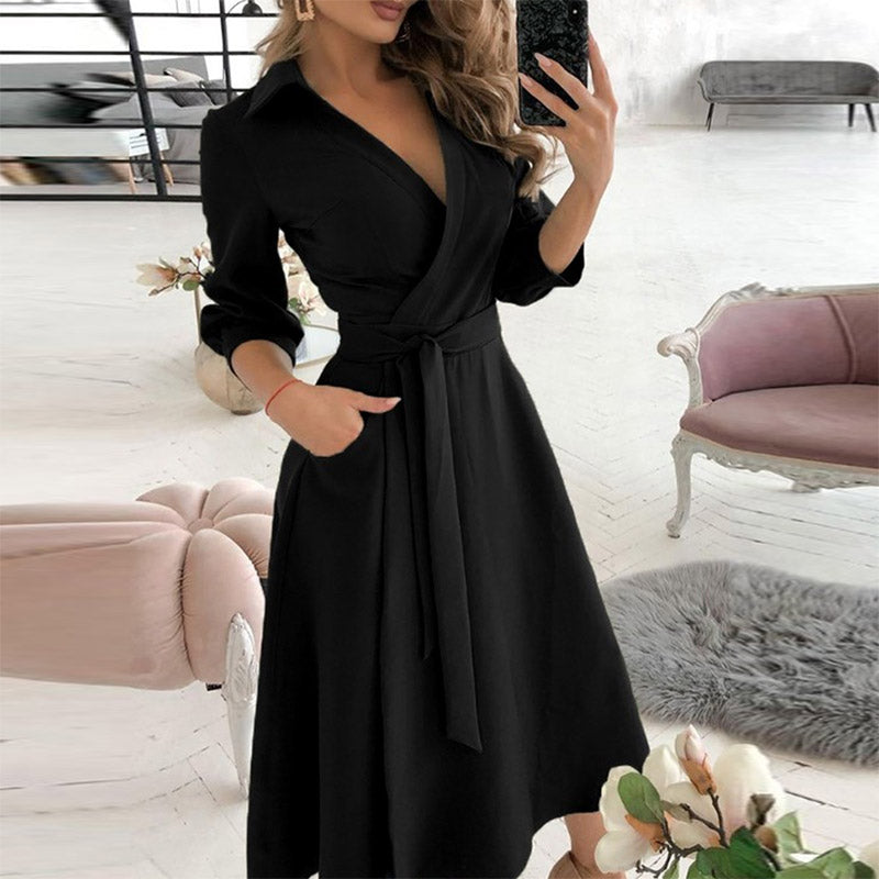 Deep V Neck  Spring Solid Belted  A-Line Dress