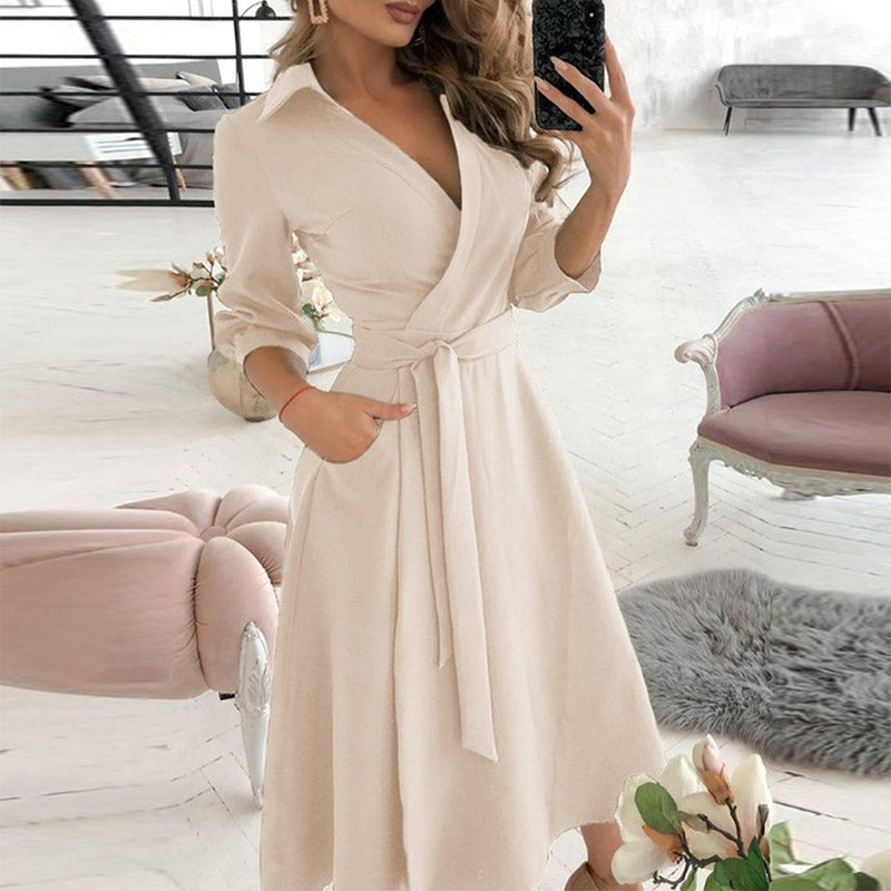 Deep V Neck  Spring Solid Belted  A-Line Dress