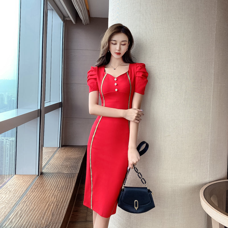 Short-Sleeved V-neck Pencil Dress