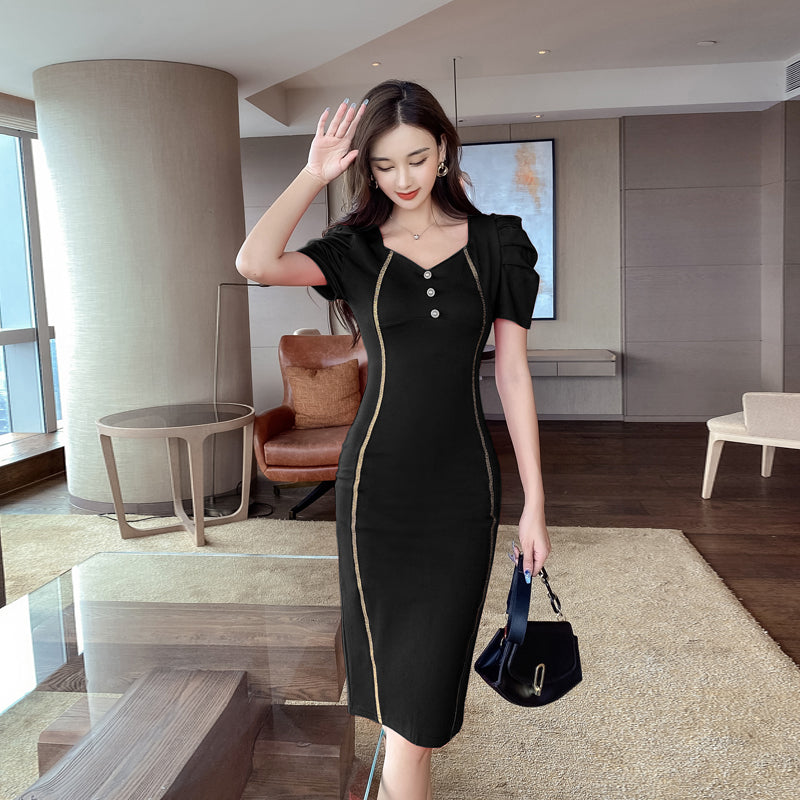 Short-Sleeved V-neck Pencil Dress