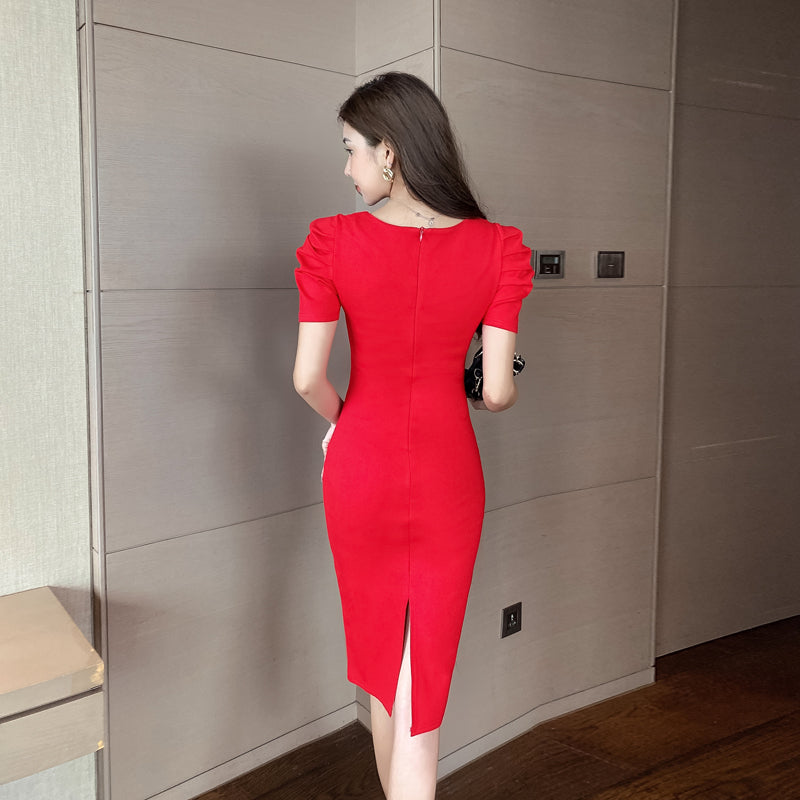 Short-Sleeved V-neck Pencil Dress