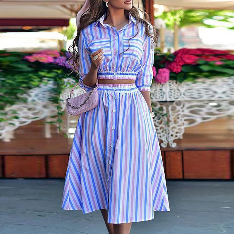 Turn-down Collar 3/4 Sleeve Tops+Button Skirt Outfits