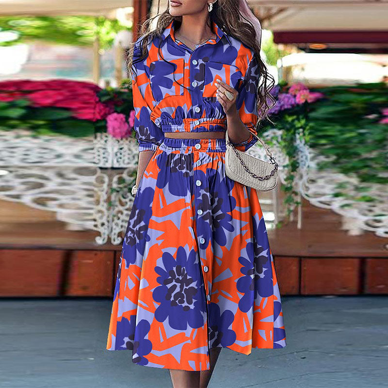 Turn-down Collar 3/4 Sleeve Tops+Button Skirt Outfits