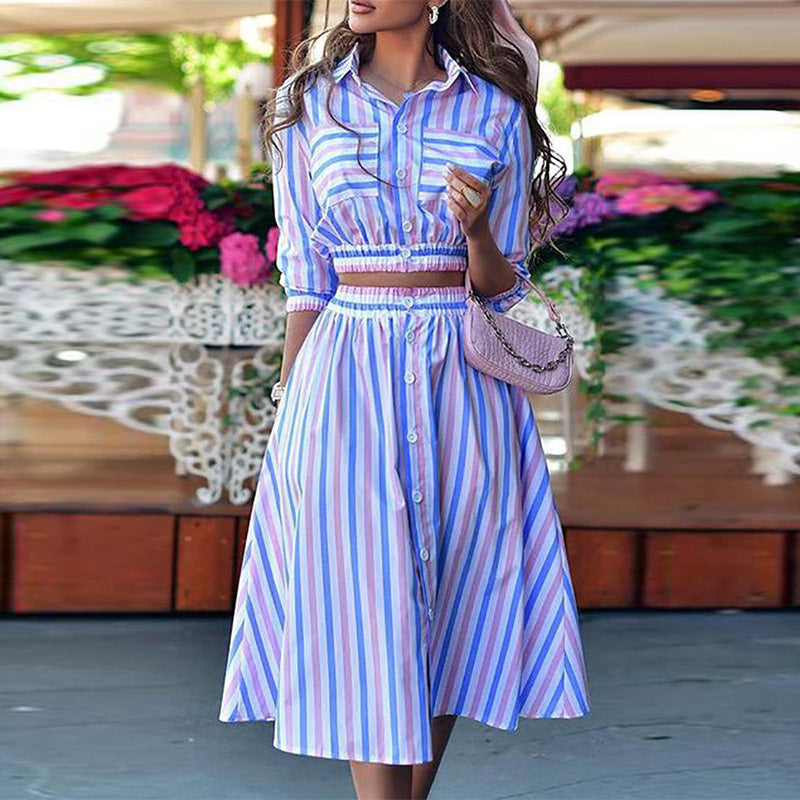 Turn-down Collar 3/4 Sleeve Tops+Button Skirt Outfits