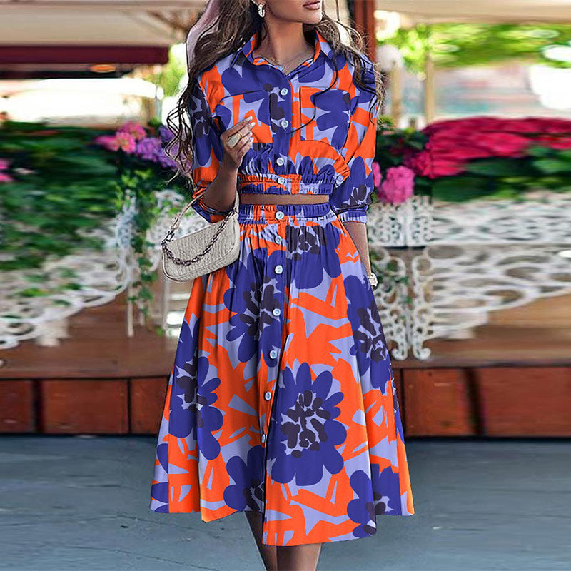 Turn-down Collar 3/4 Sleeve Tops+Button Skirt Outfits