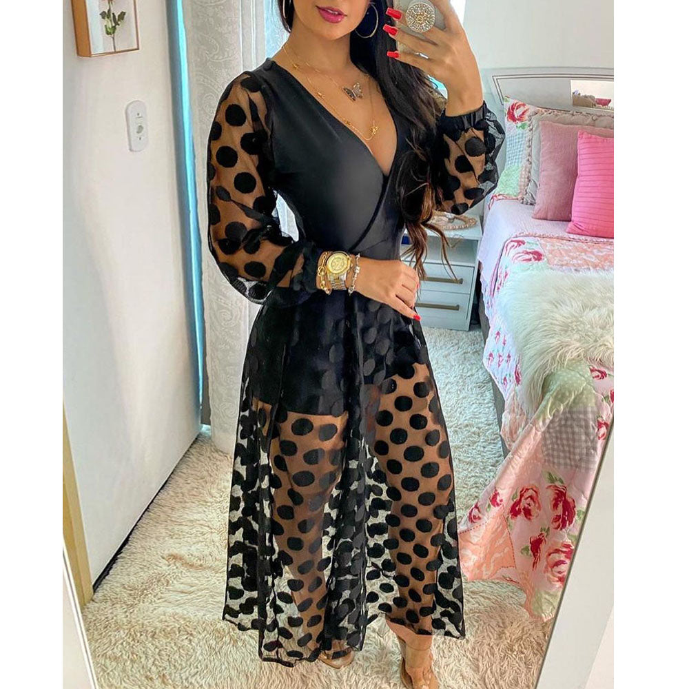 Spring Polka Dot Print Wrap Long Sleeve See Through Maxi Dress