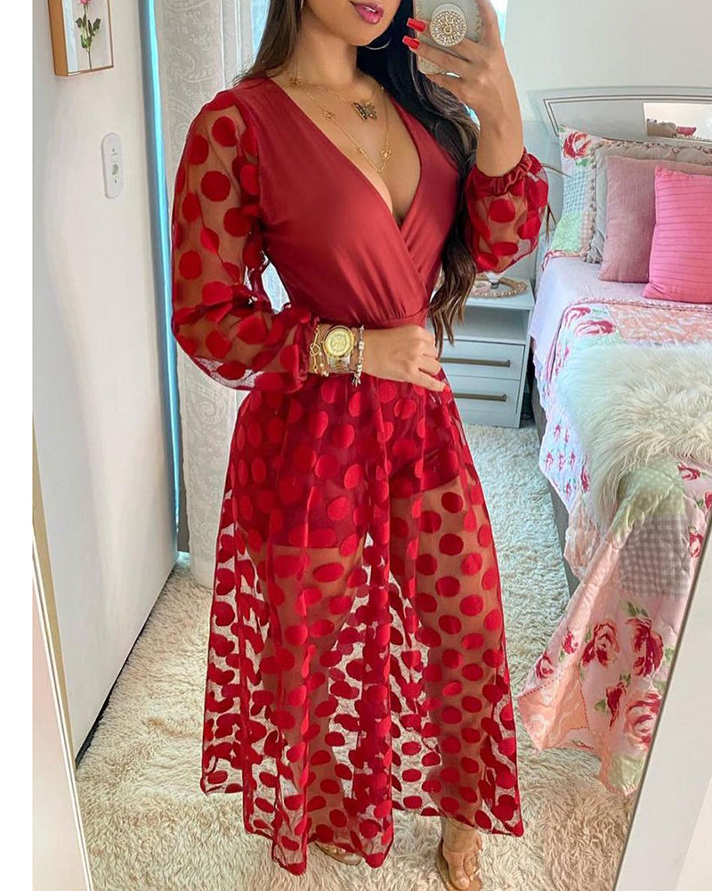 Spring Polka Dot Print Wrap Long Sleeve See Through Maxi Dress