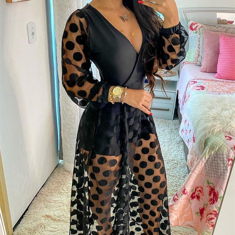 Spring Polka Dot Print Wrap Long Sleeve See Through Maxi Dress