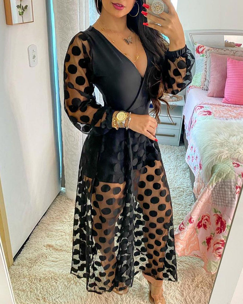 Spring Polka Dot Print Wrap Long Sleeve See Through Maxi Dress