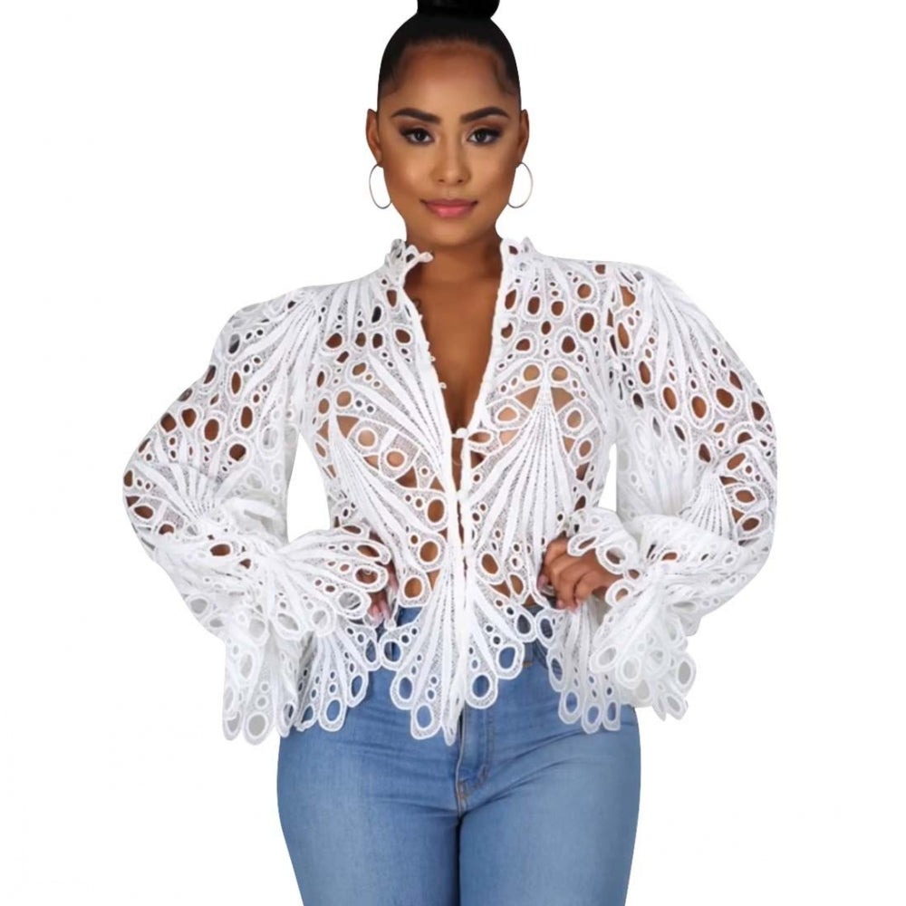 Elegant Long Sleeve Hollow Out Mesh LaceSheer See Through  Blouse