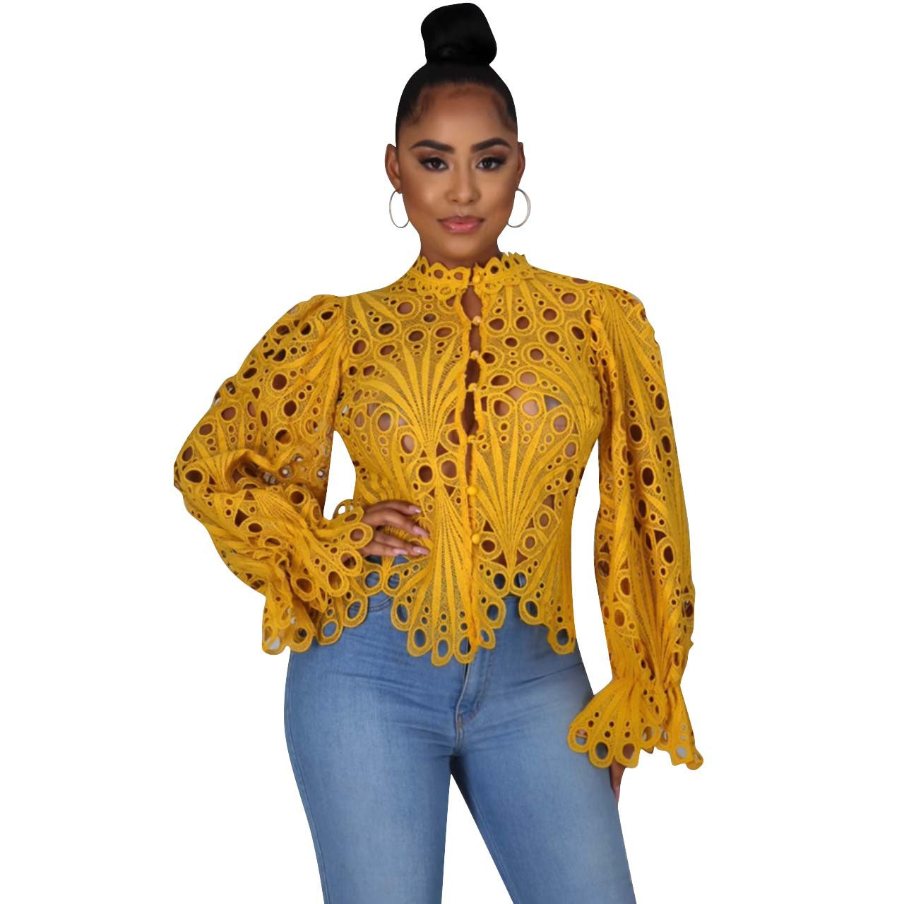 Elegant Long Sleeve Hollow Out Mesh LaceSheer See Through  Blouse