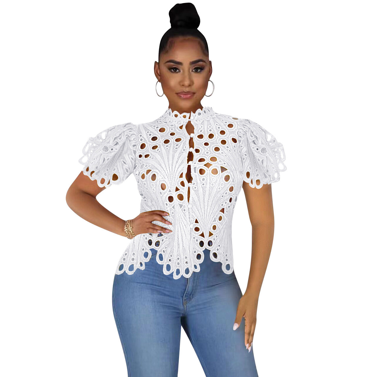 Elegant Long Sleeve Hollow Out Mesh LaceSheer See Through  Blouse