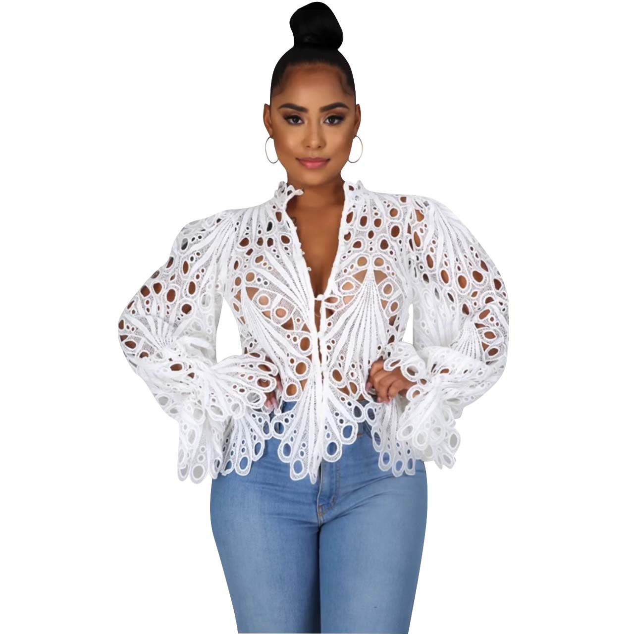 Elegant Long Sleeve Hollow Out Mesh LaceSheer See Through  Blouse