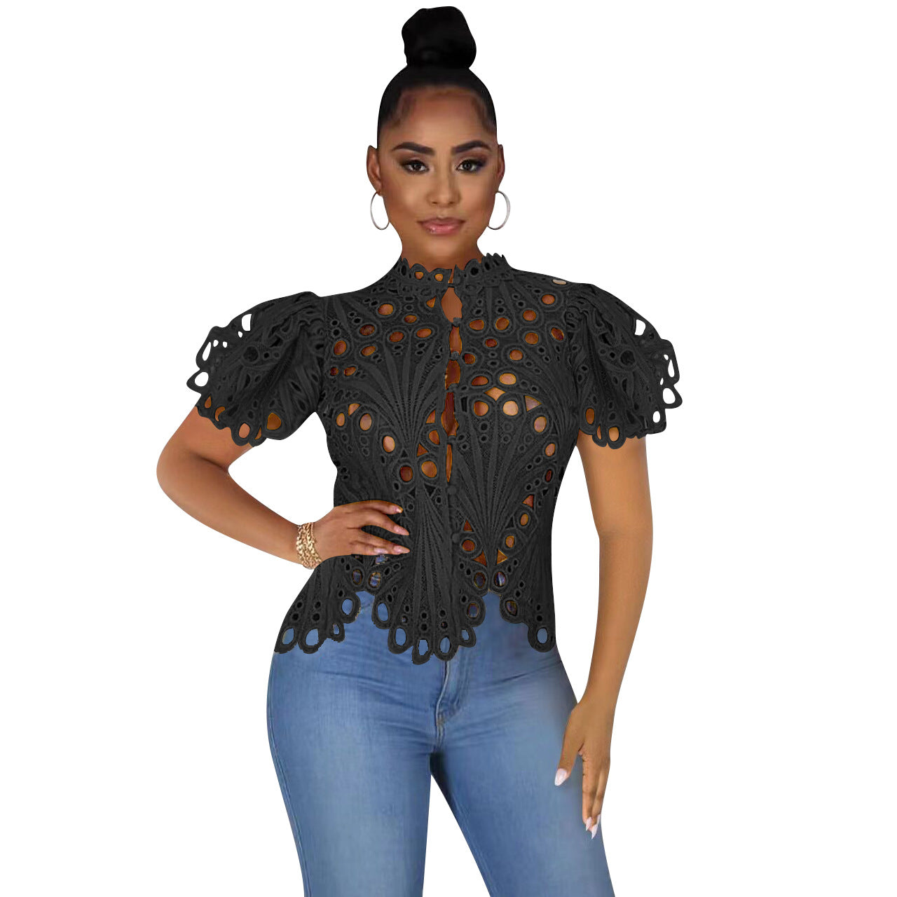 Elegant Long Sleeve Hollow Out Mesh LaceSheer See Through  Blouse