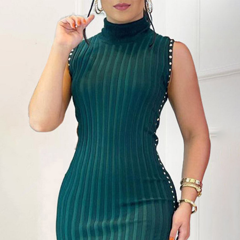 High Neck Studded Decor Ribbed Sleeveless Green Bodycon Dress