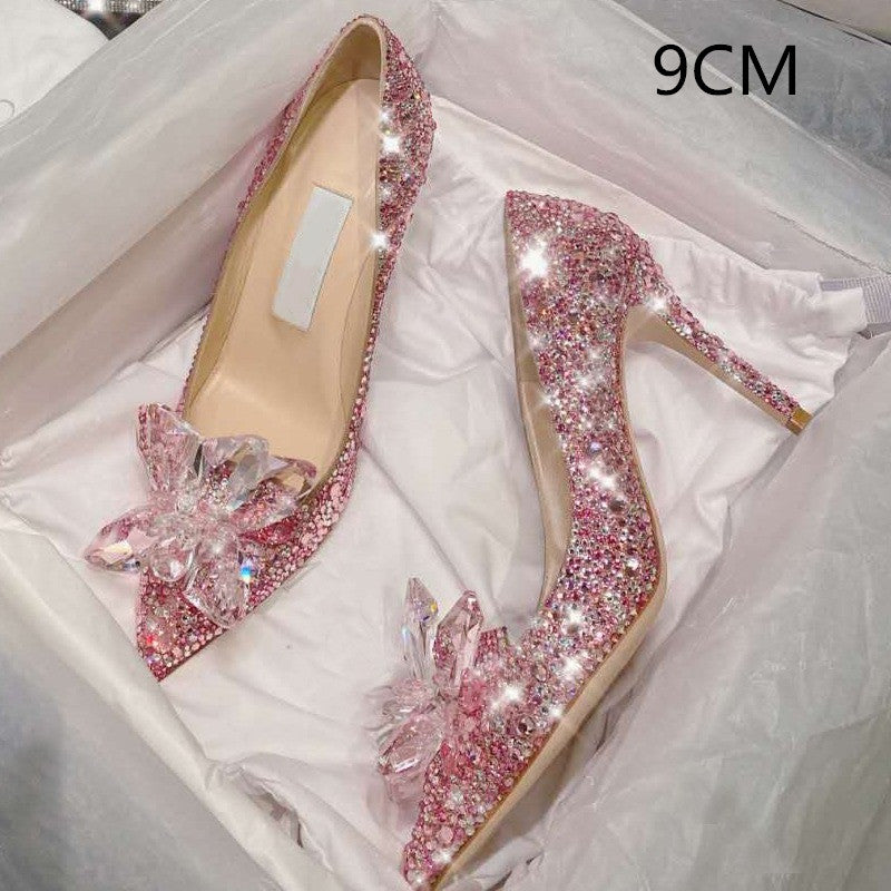 Summer Silver Crystal High Heels Female Stiletto Princess Pointed Shoes
