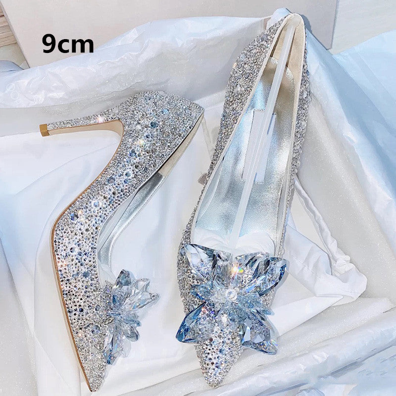Summer Silver Crystal High Heels Female Stiletto Princess Pointed Shoes