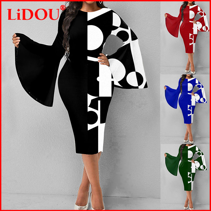 Geometric Print Flare Sleeve Casual Round Neck Bodycon Split Dress